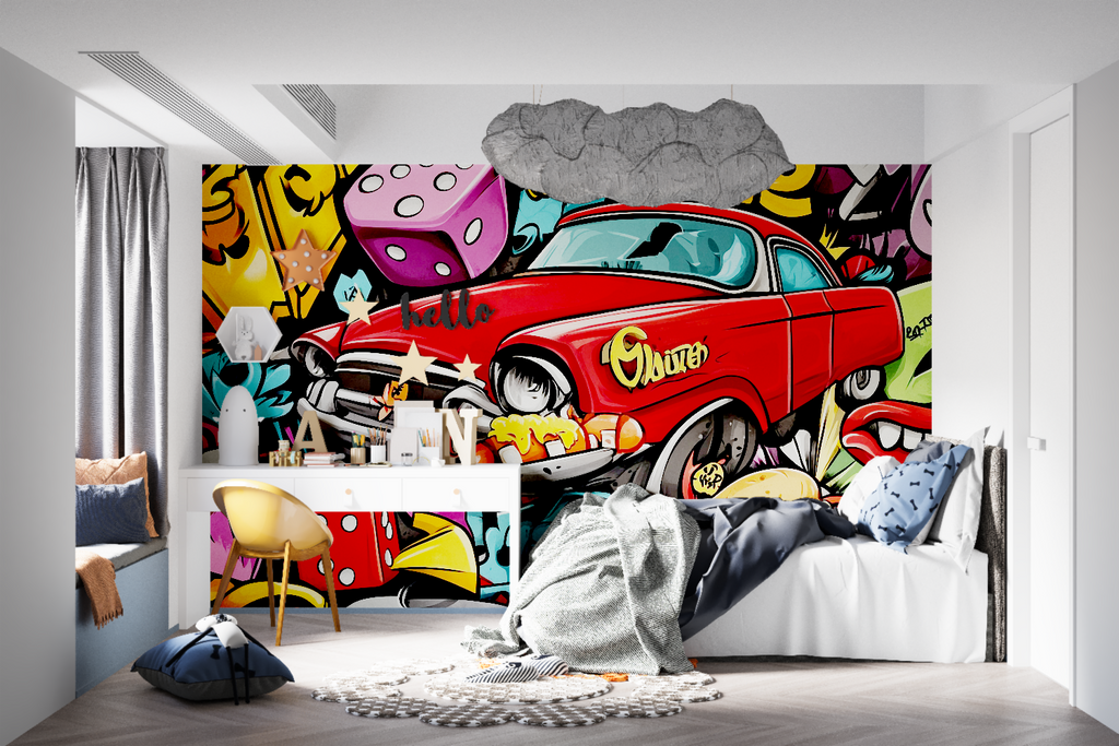 Street style wall mural with classic car displayed in modern entertainment area