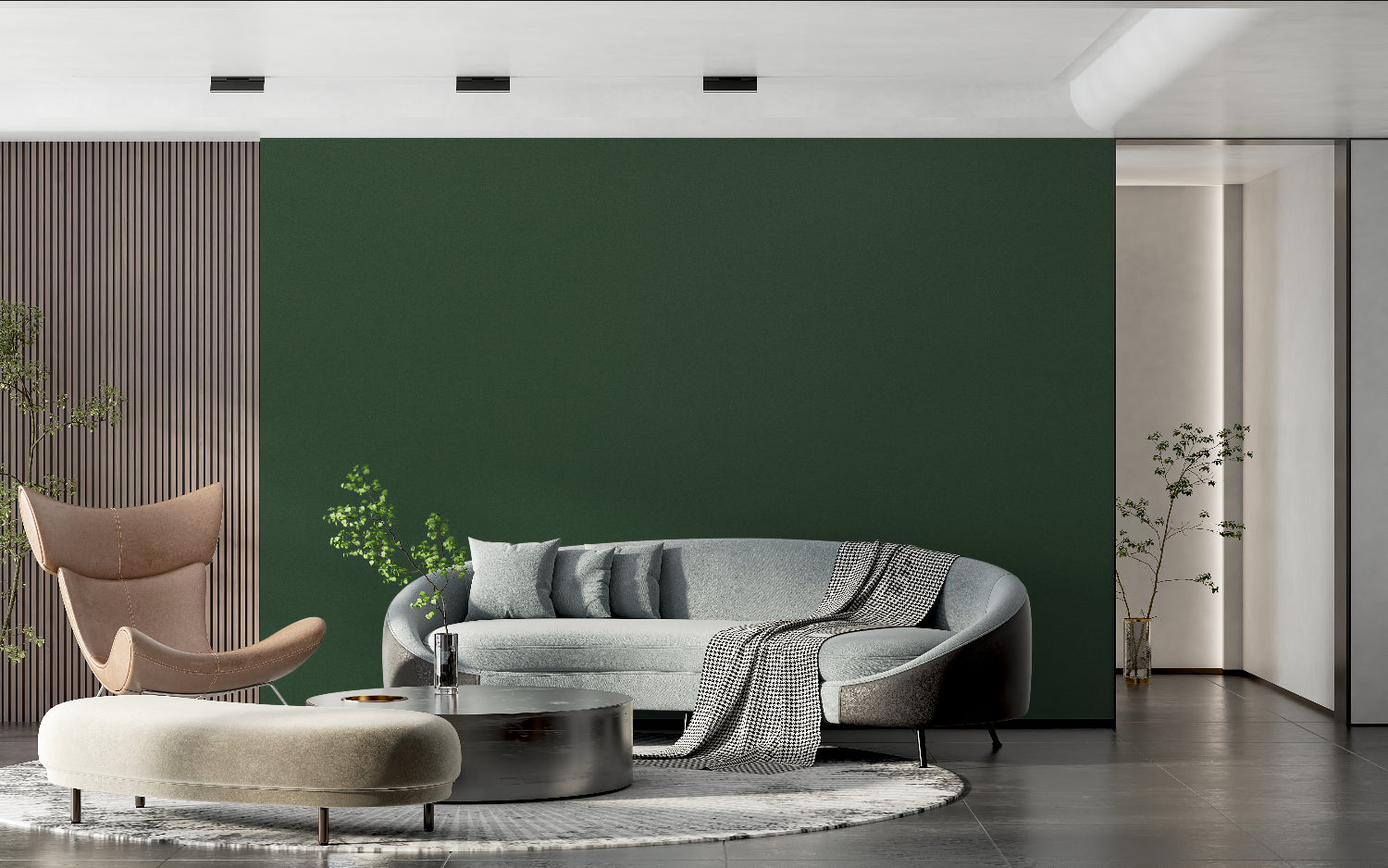 Emerald green wallpaper in a master bedroom with gold accents