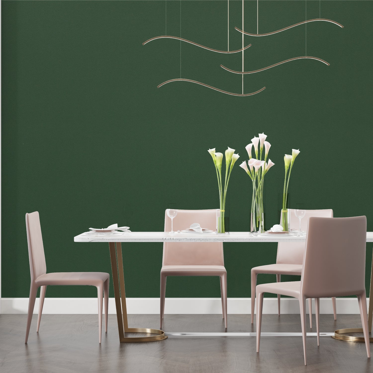 Forest green wall covering in a home office with wooden furniture