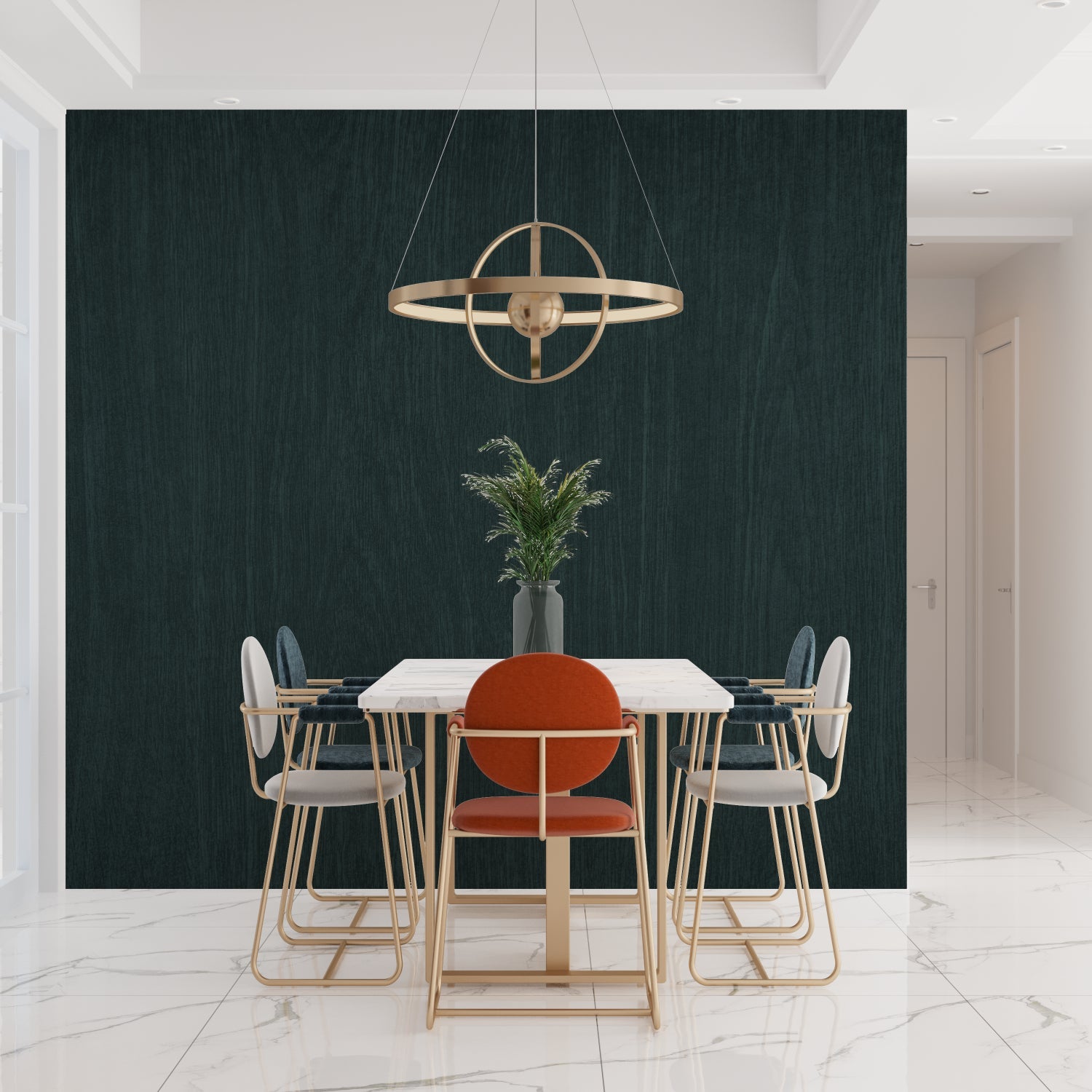 Elegant Forest Green Wallpaper creating depth in modern living room with minimal furniture