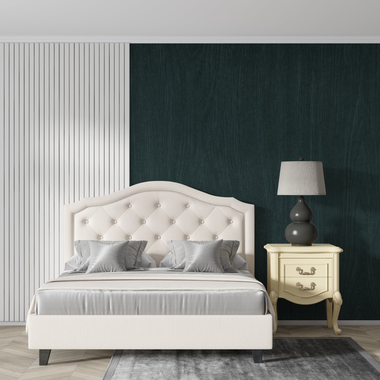 Forest green wall covering adding sophistication to dining room space