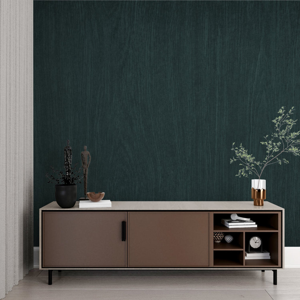 Emerald green wallpaper texture enhancing home office with warm lighting