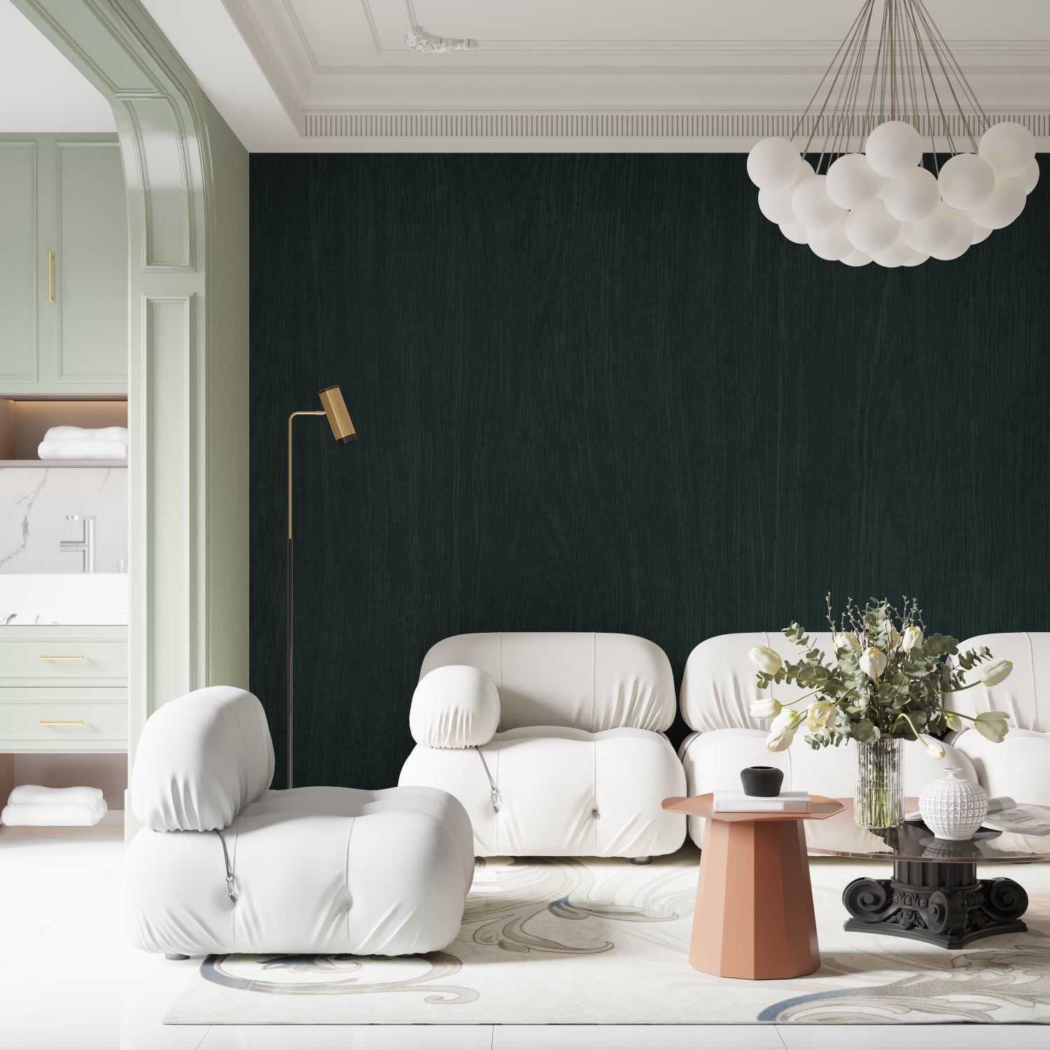 Green forest mural creating calm atmosphere in meditation room