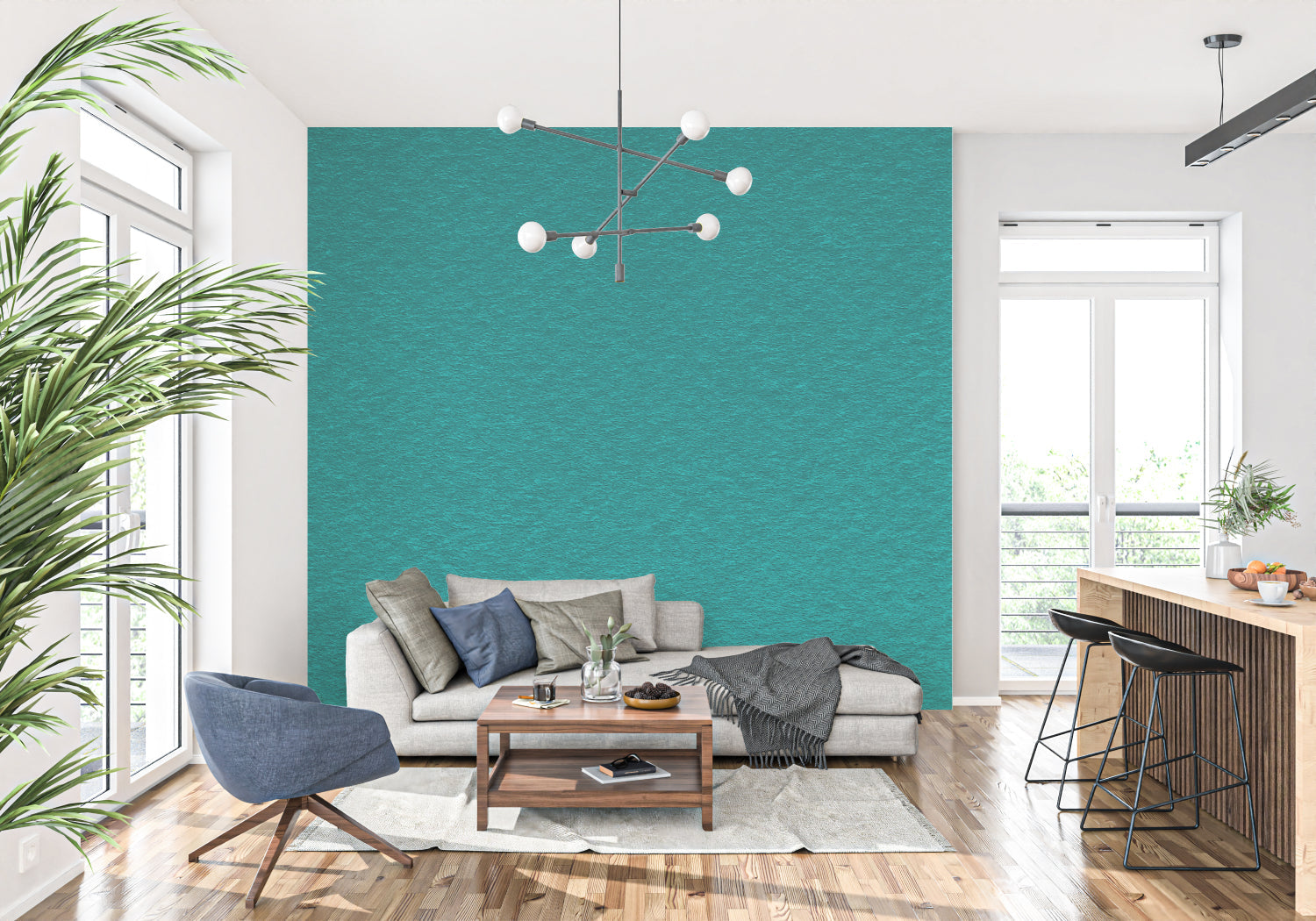 Textured green wallpaper creating calm atmosphere in meditation room