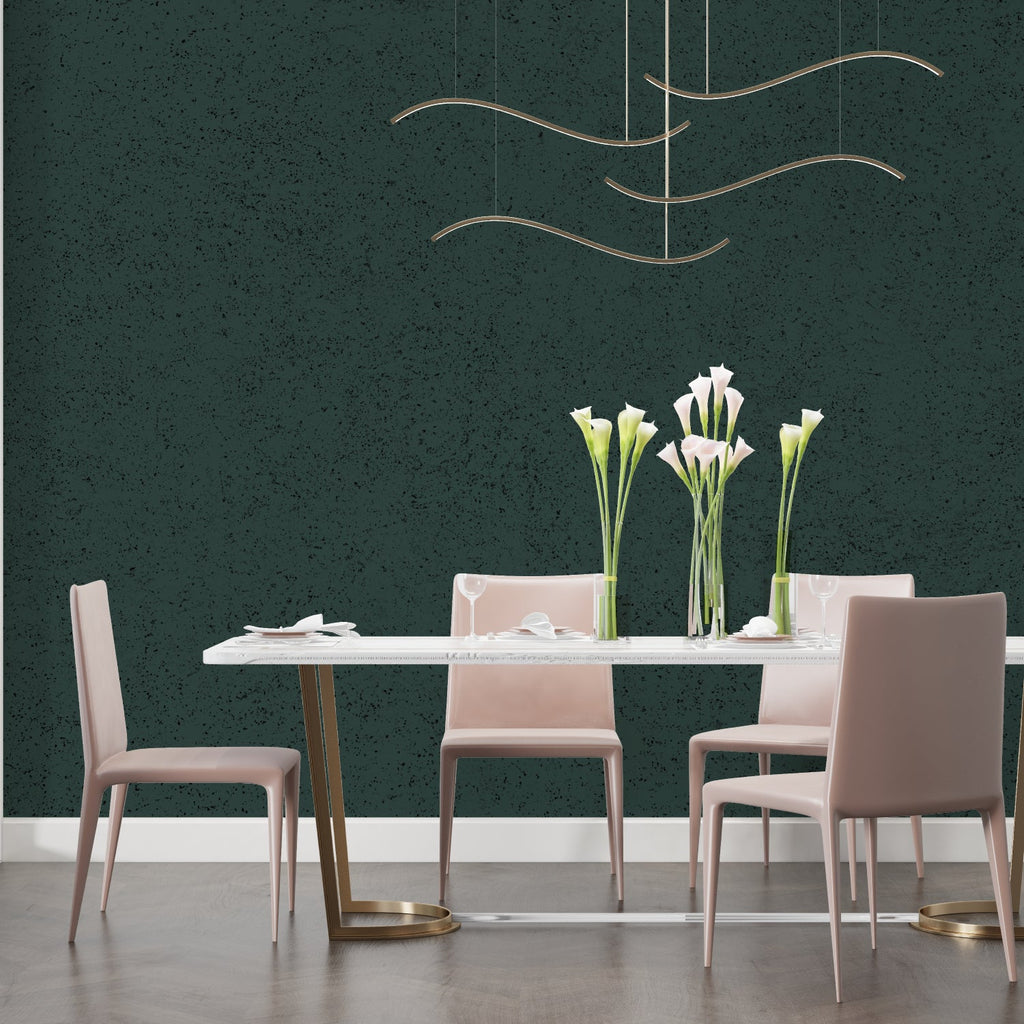 Green velvet wallpaper in modern living room setting with natural light showing textural depth