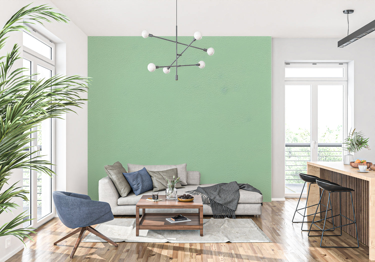 Celadon green wallpaper creating serene atmosphere in contemporary bedroom setting