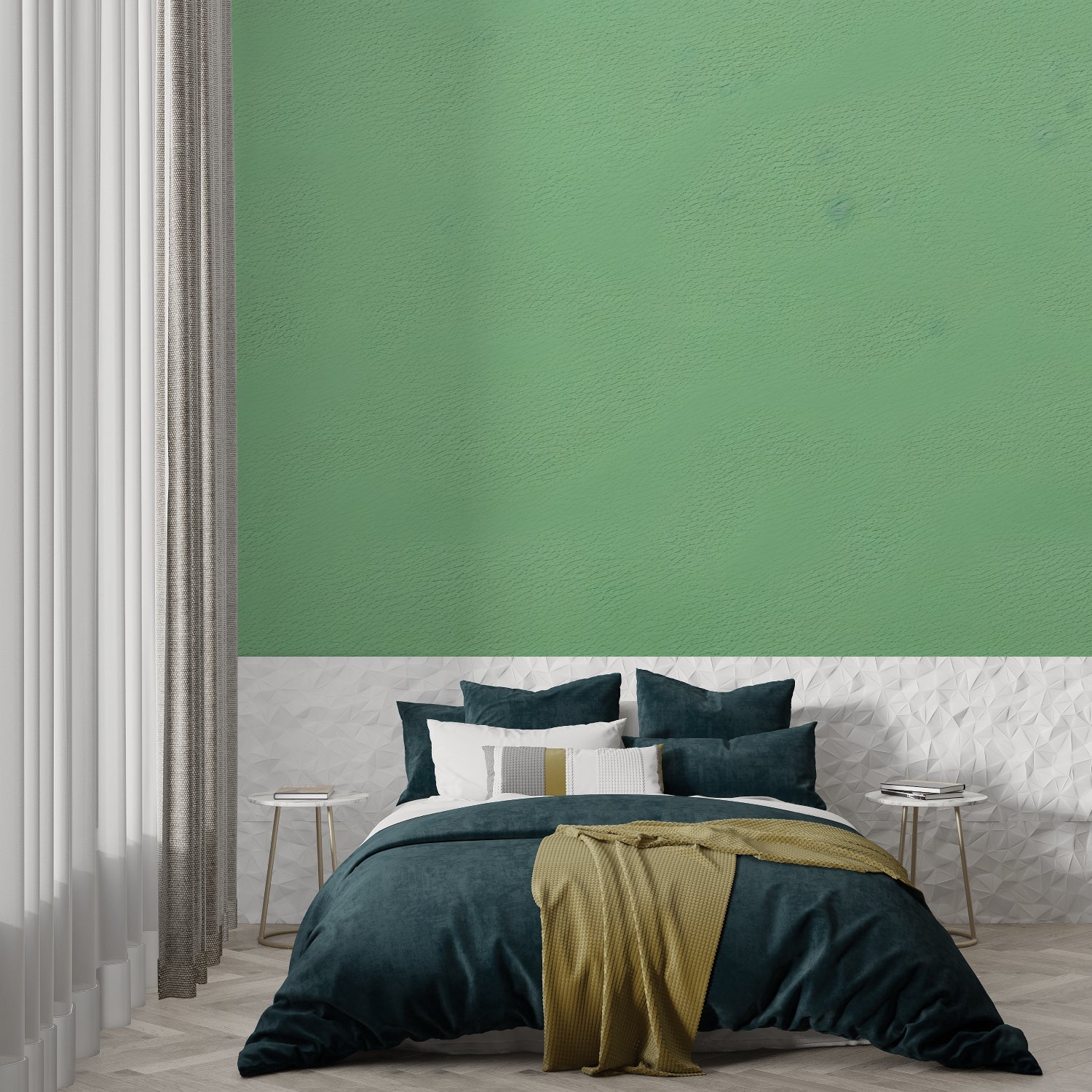 Minimalist dining room featuring sage green wallpaper with afternoon light