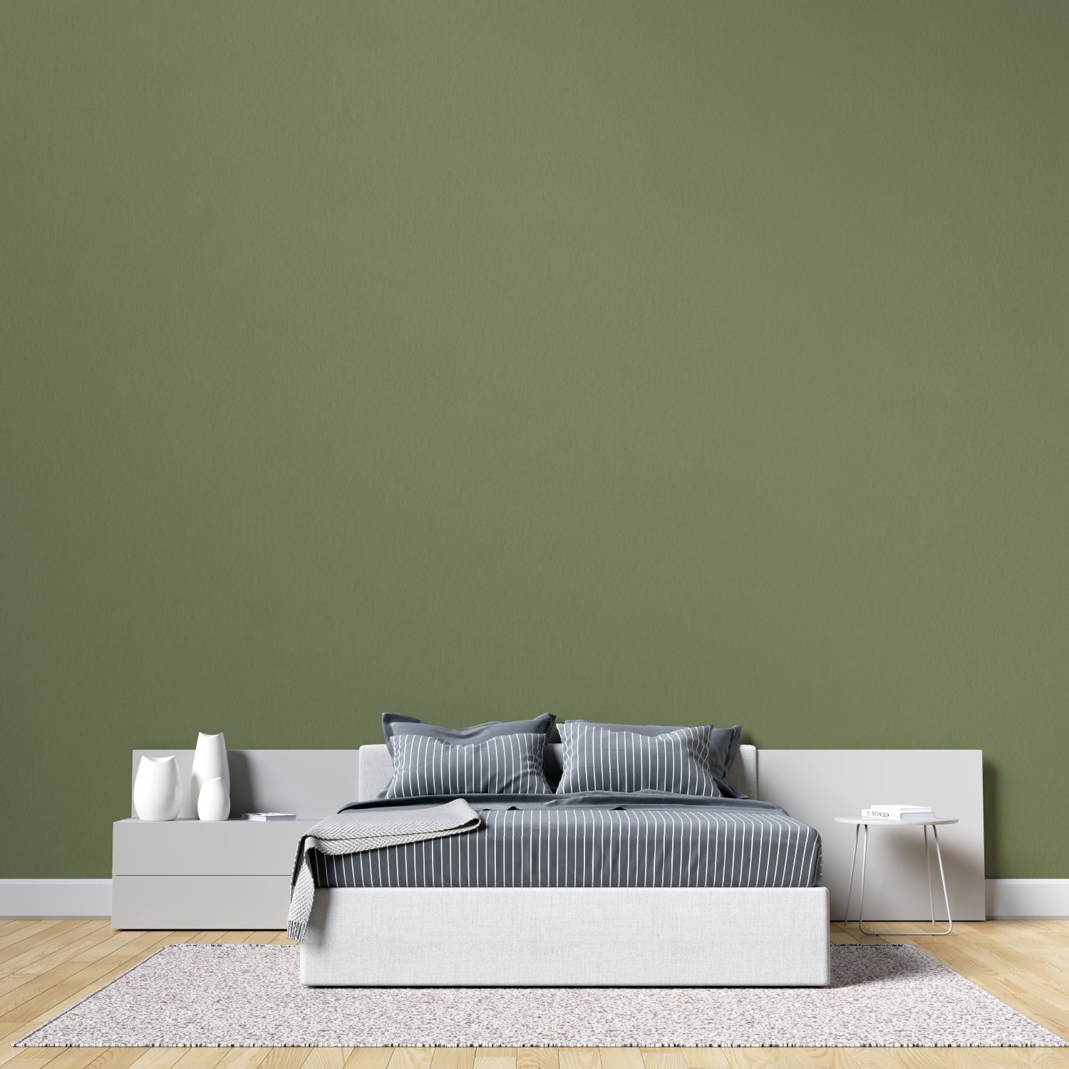 Modern green wall mural in bright living room showing peaceful khaki tones