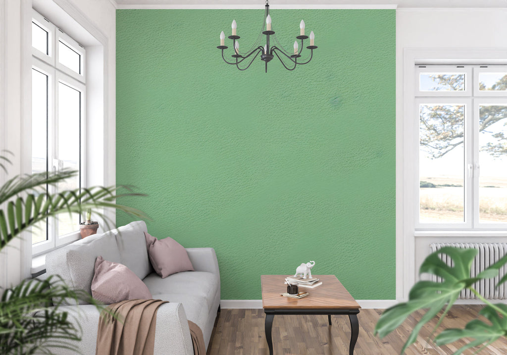 Modern green wall mural in a minimalist dining room space