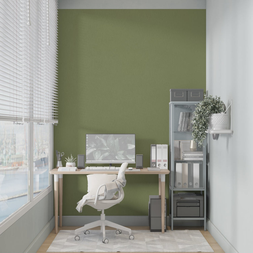 Olive green wall mural creating calm atmosphere in home office setting