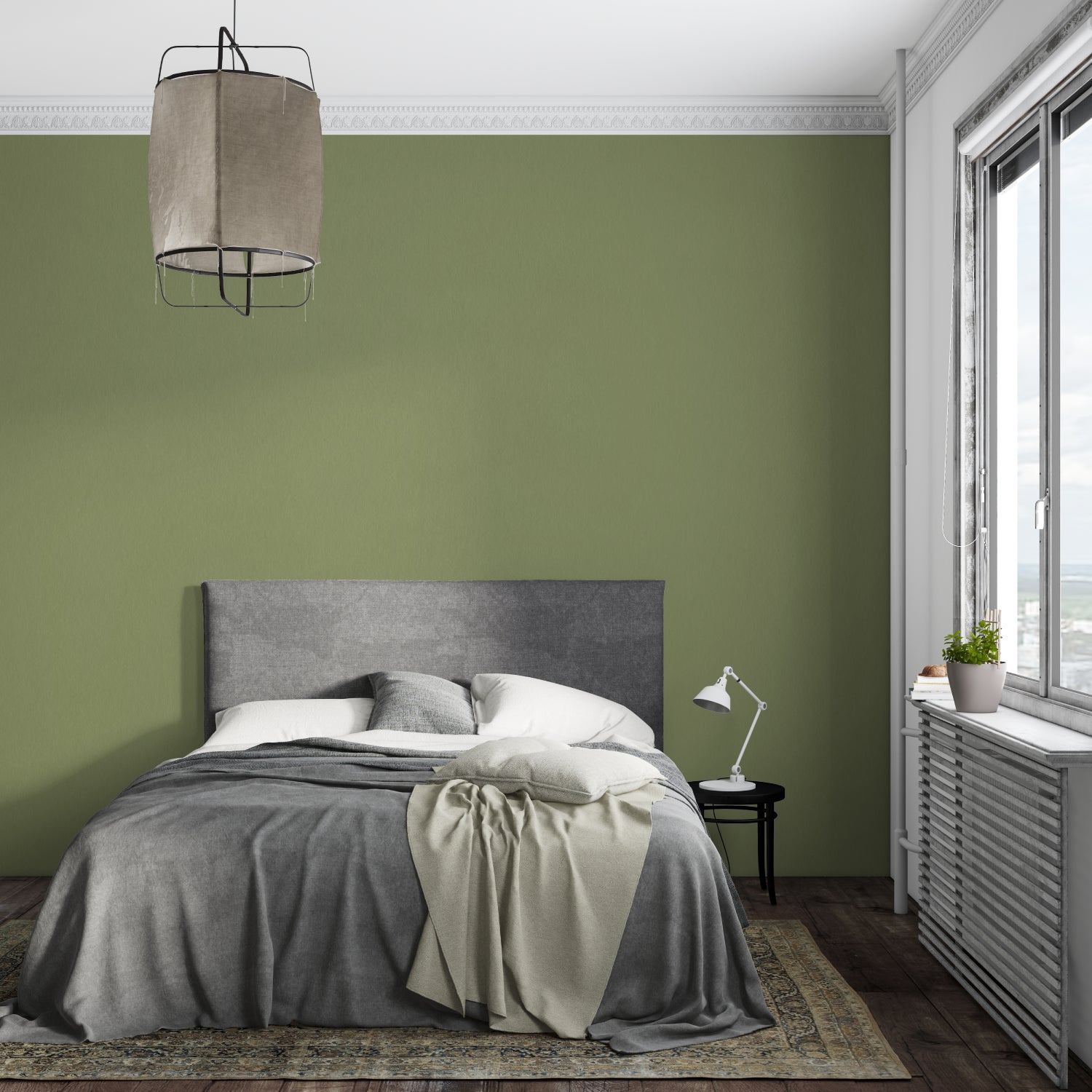 Olive green mural wallpaper application in stylish hallway