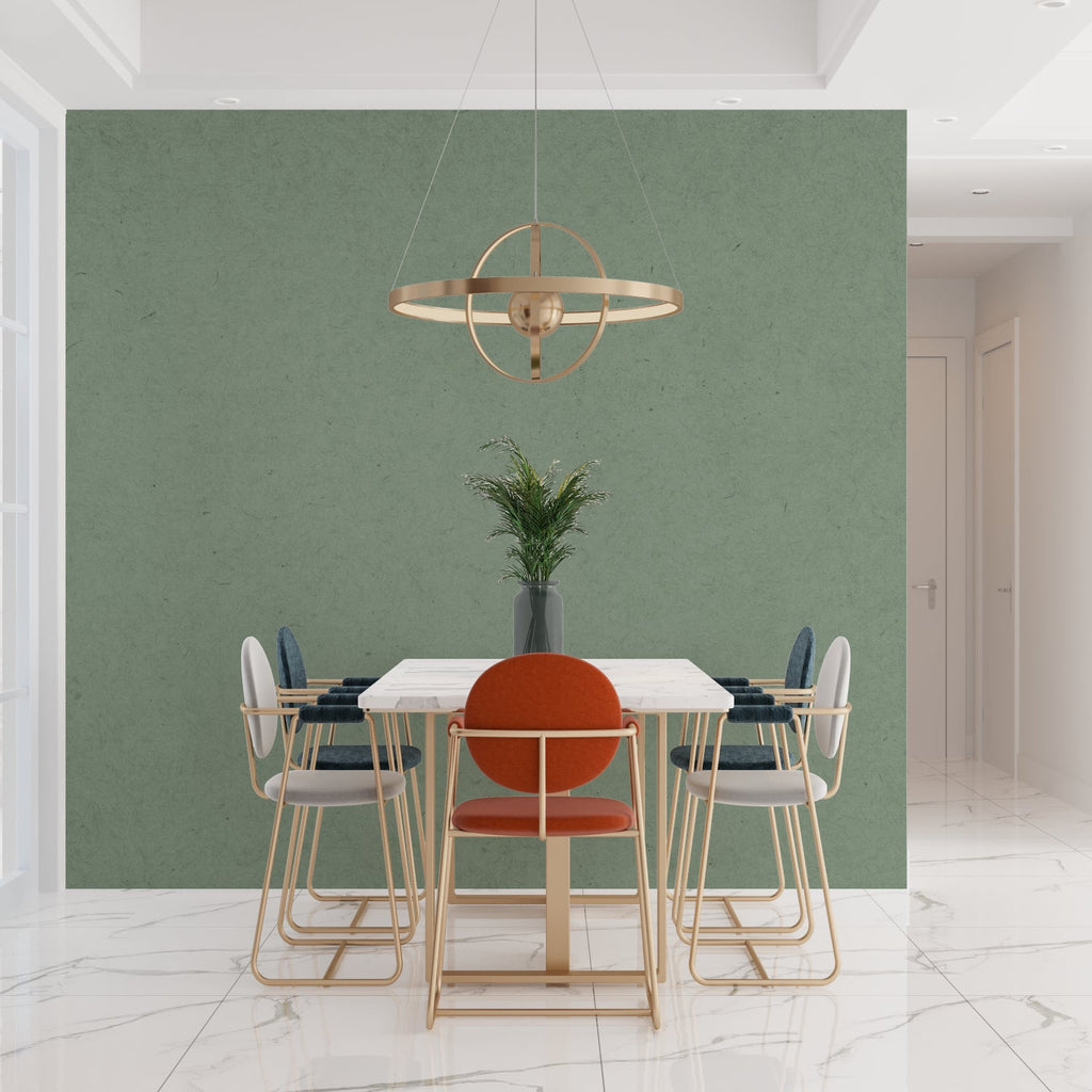 Modern Sage Green Wallpaper in bright living room setting with minimal furniture