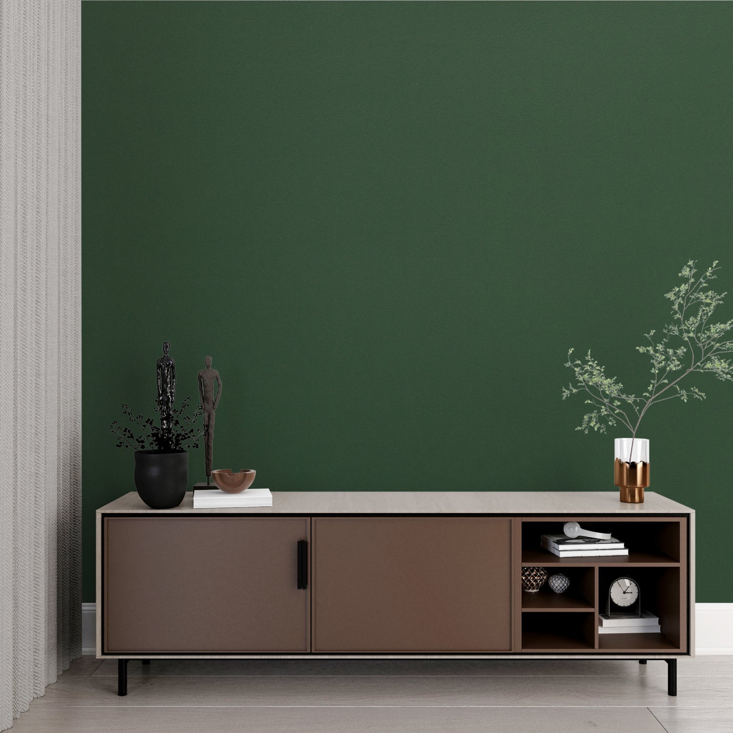 Emerald green wall mural in a minimalist dining room, perfect backdrop for modern furniture
