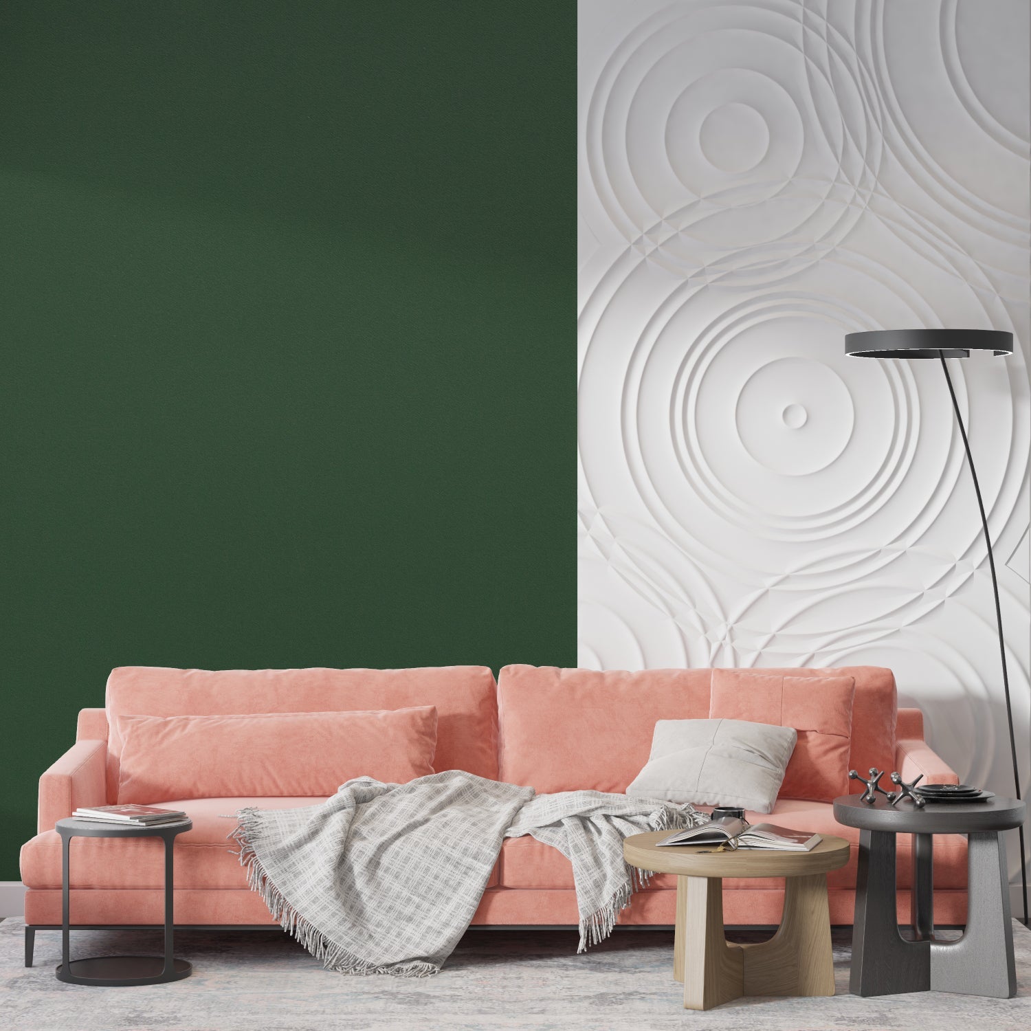 Solid green wallpaper in master bedroom creating a fresh and clean atmosphere