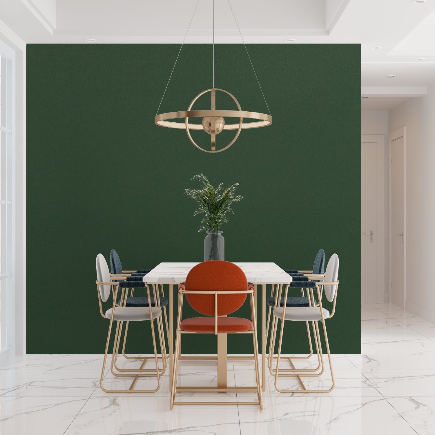 Modern green mural wallpaper in entrance hall showing full wall application