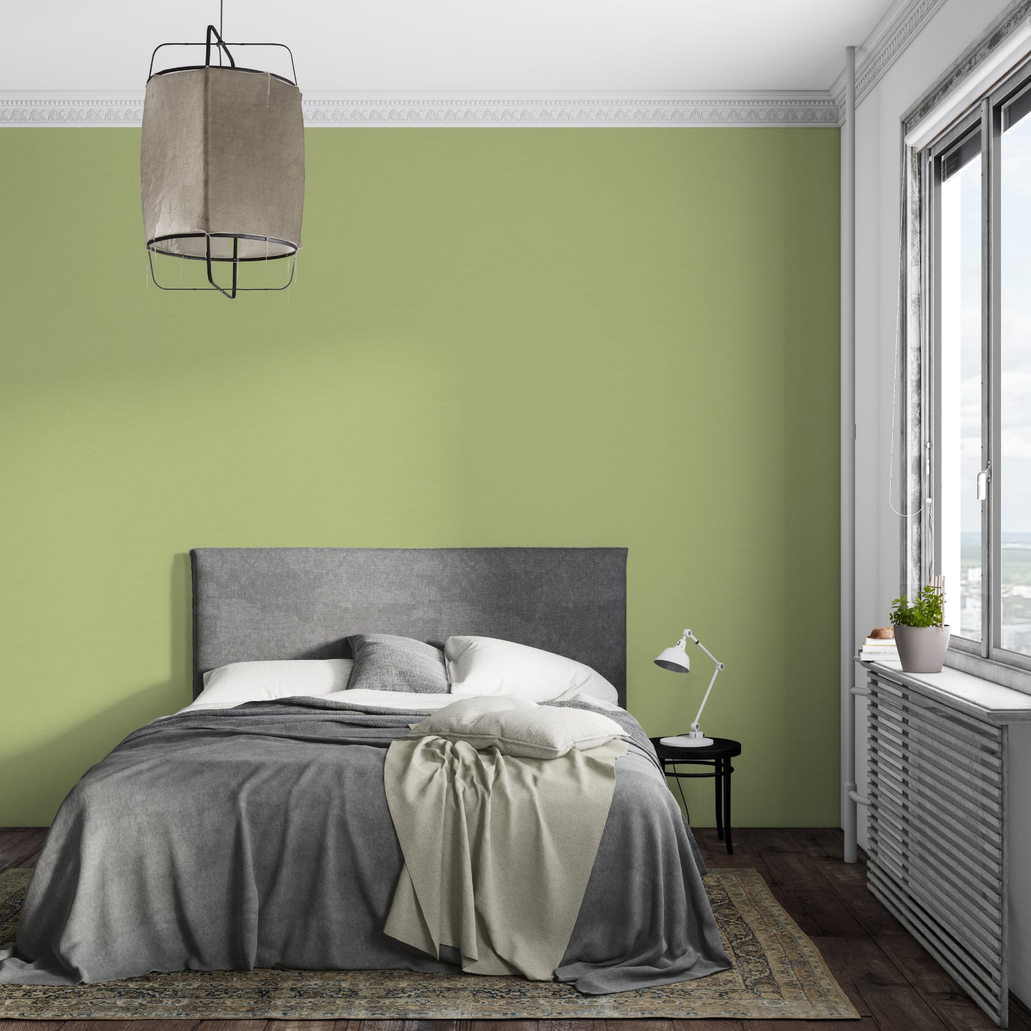 Green bamboo wall mural creating harmony in a meditation room