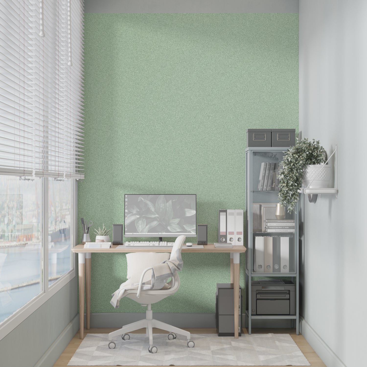 Green minimalist wall mural creating serene atmosphere in master bedroom