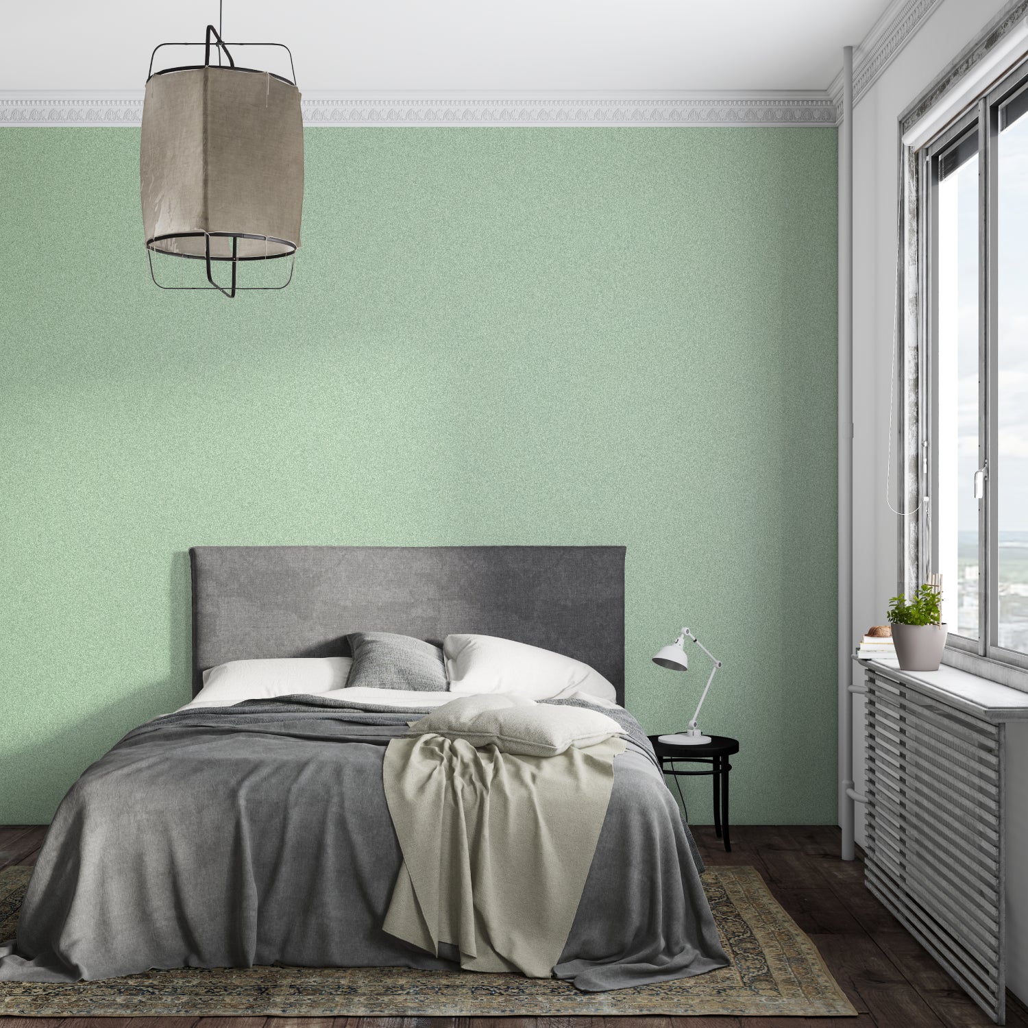 Textured green wall mural creating depth in contemporary bathroom setting
