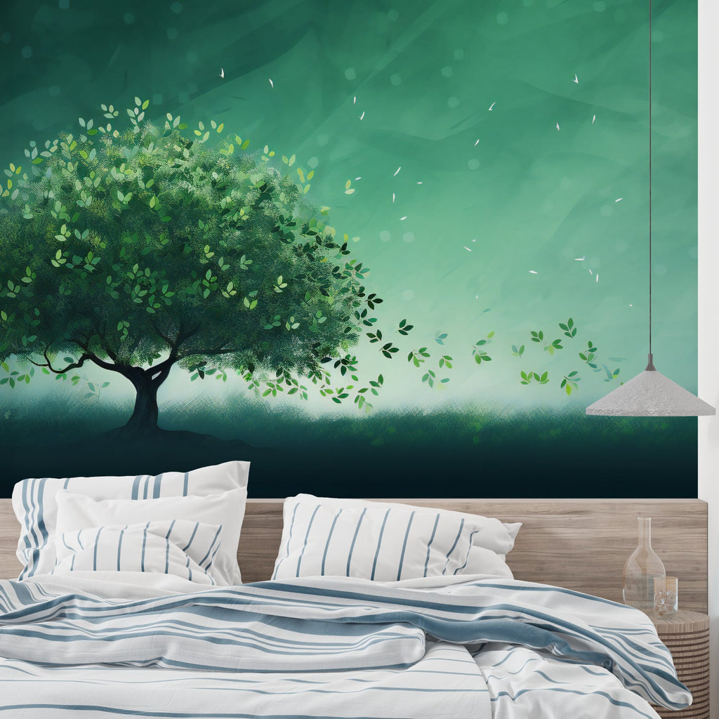 Forest tree wallpaper in dining room showing scale and detail of leaves