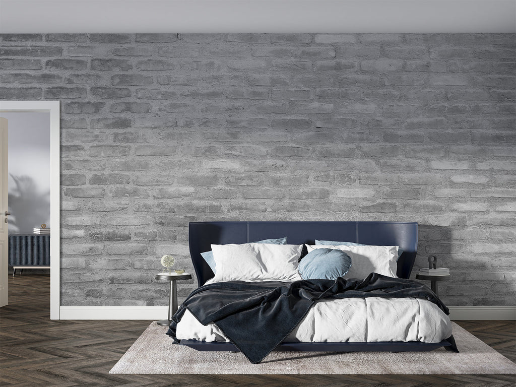 Grey brick wallpaper in dining room with pendant lights