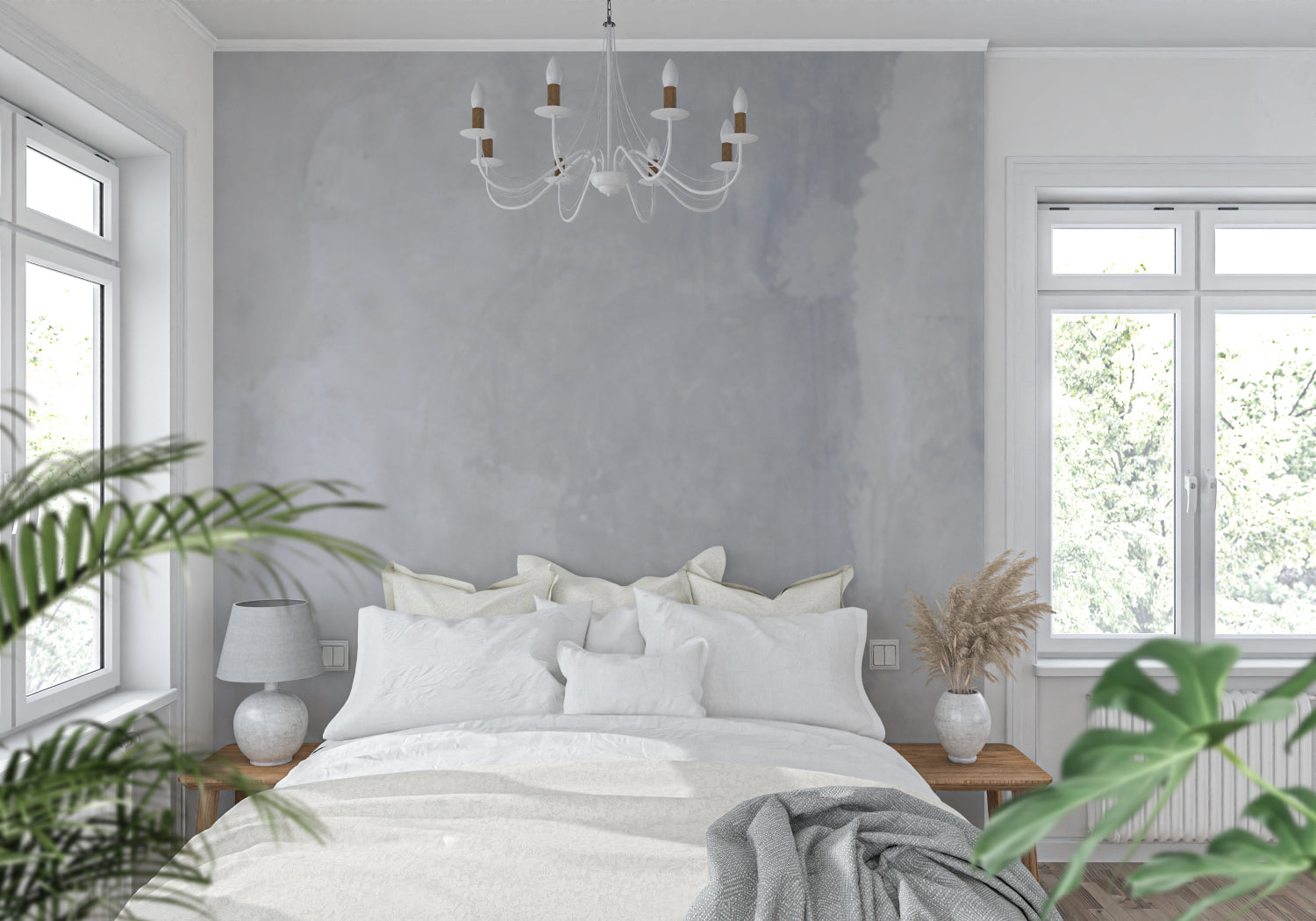 Modern grey concrete effect wallpaper in minimalist living room creating an industrial yet cozy atmosphere
