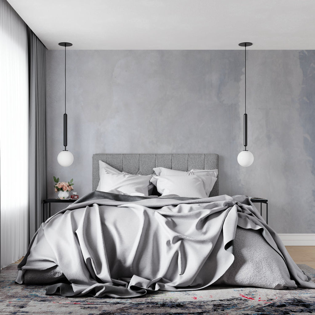 Grey concrete wallpaper adding industrial charm to dining room walls