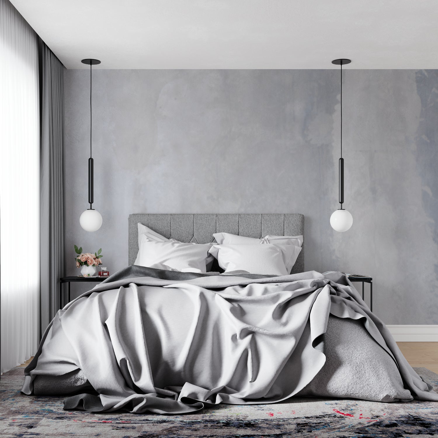 Grey concrete wallpaper adding industrial charm to dining room walls