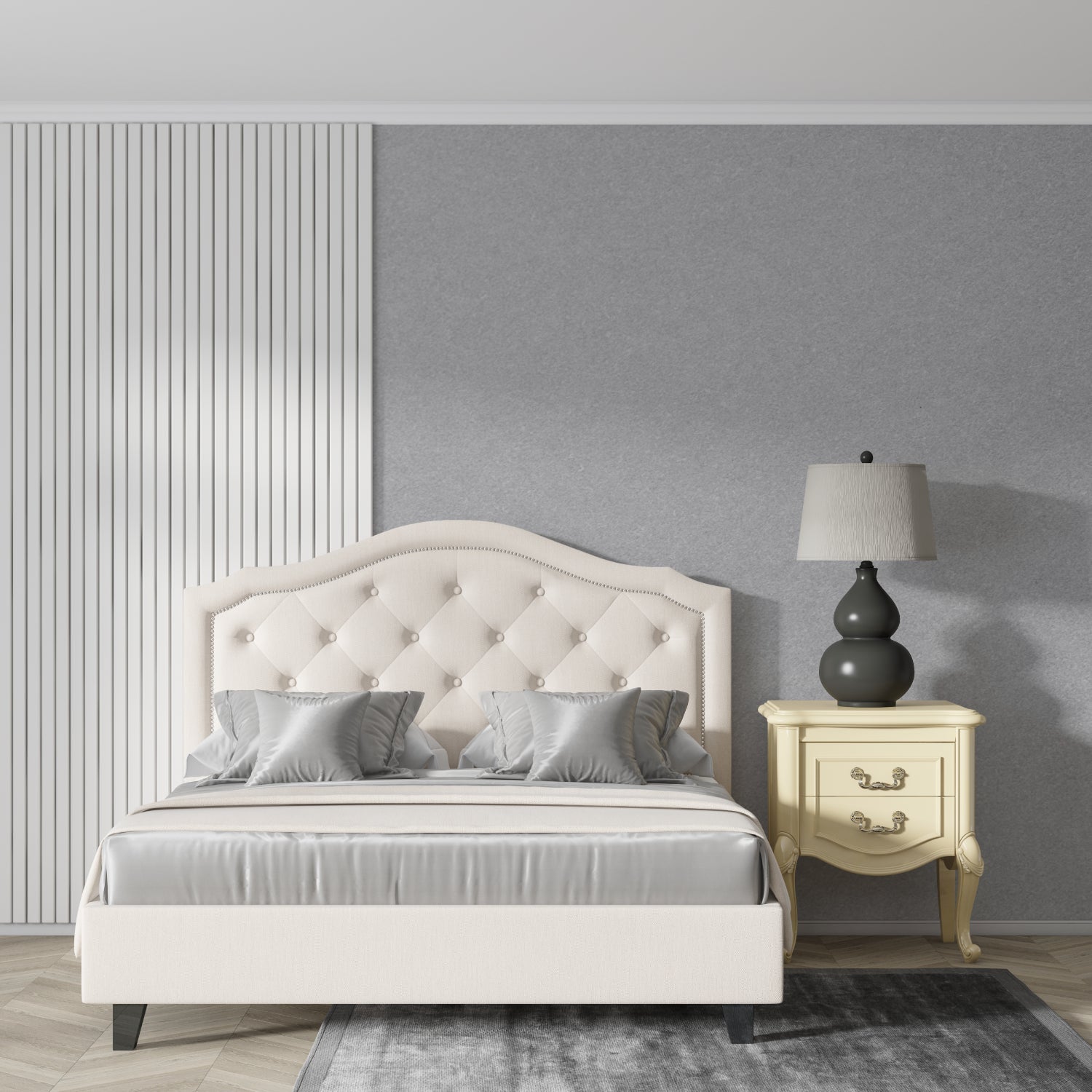 Modern grey wallpaper in bright living room with natural light showing smooth texture and minimalist appeal