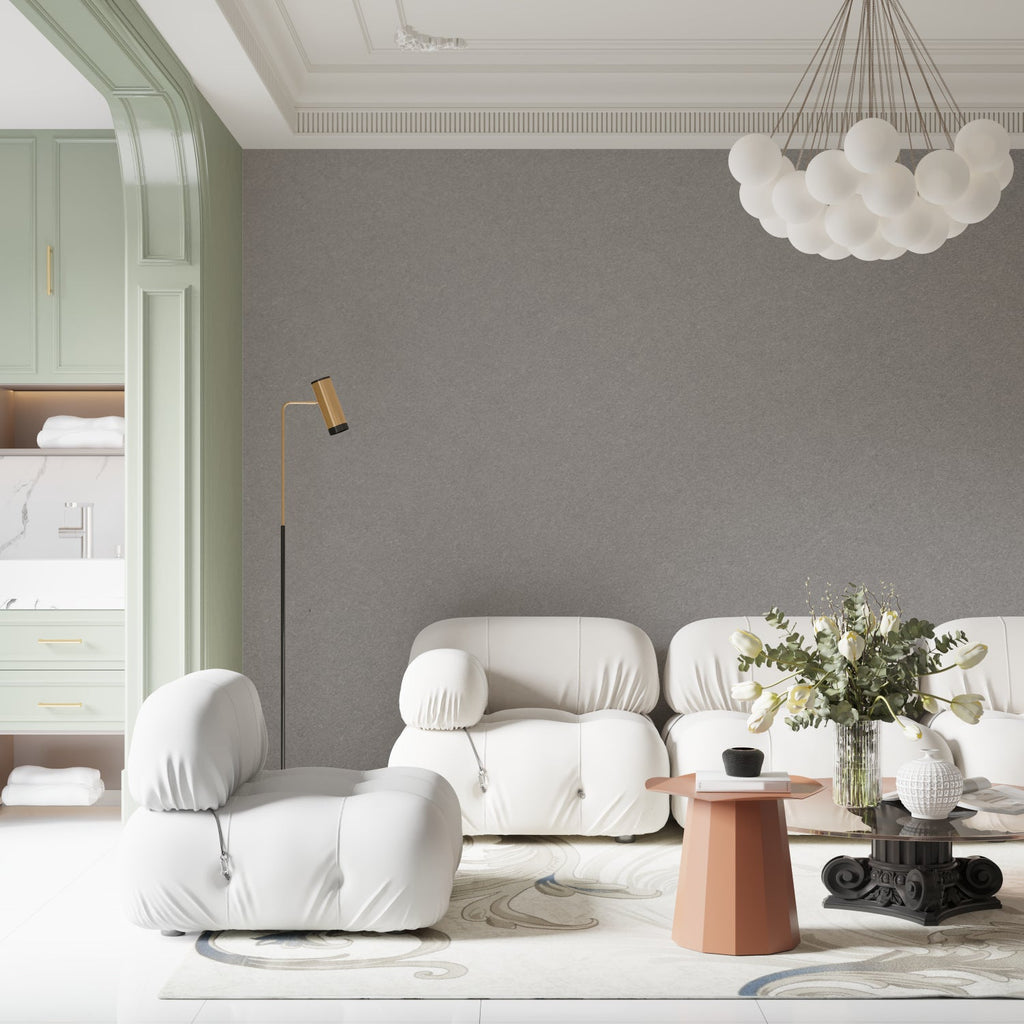 Grey minimalist wall mural in modern bedroom creating calm atmosphere