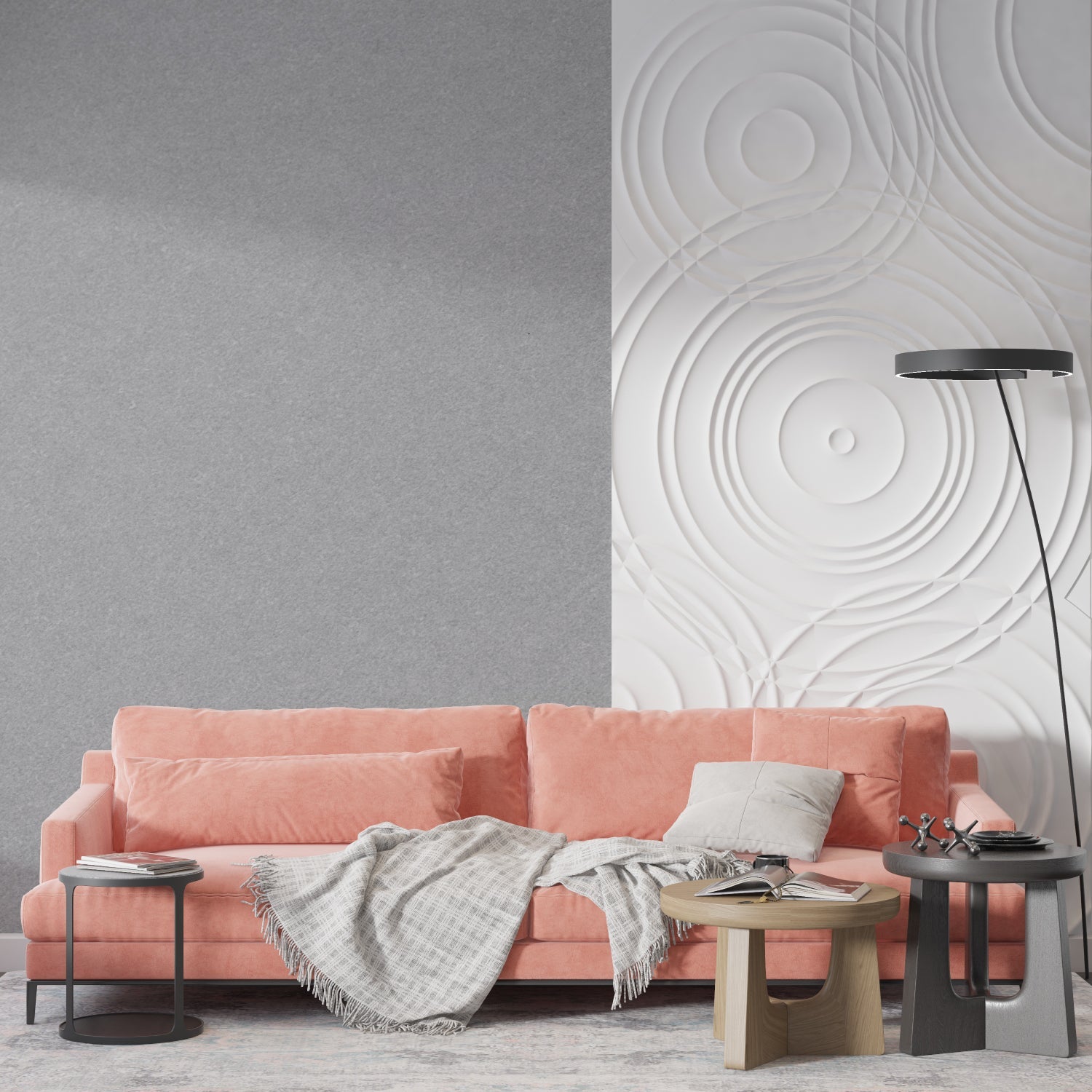 Minimalist grey mural in entrance hall demonstrating elegant simplicity