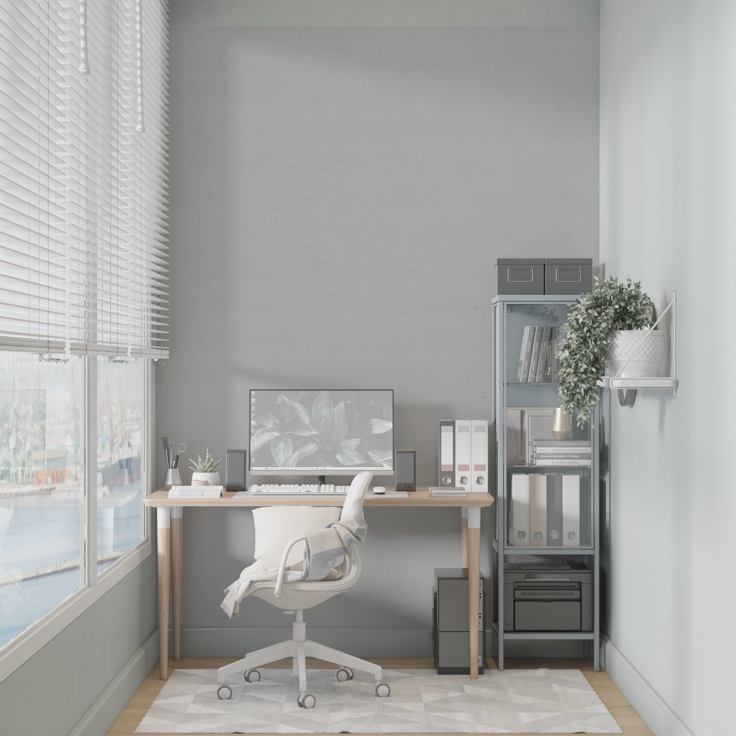 Modern grey wallpaper in a bright living room setting showing clean lines and minimal design