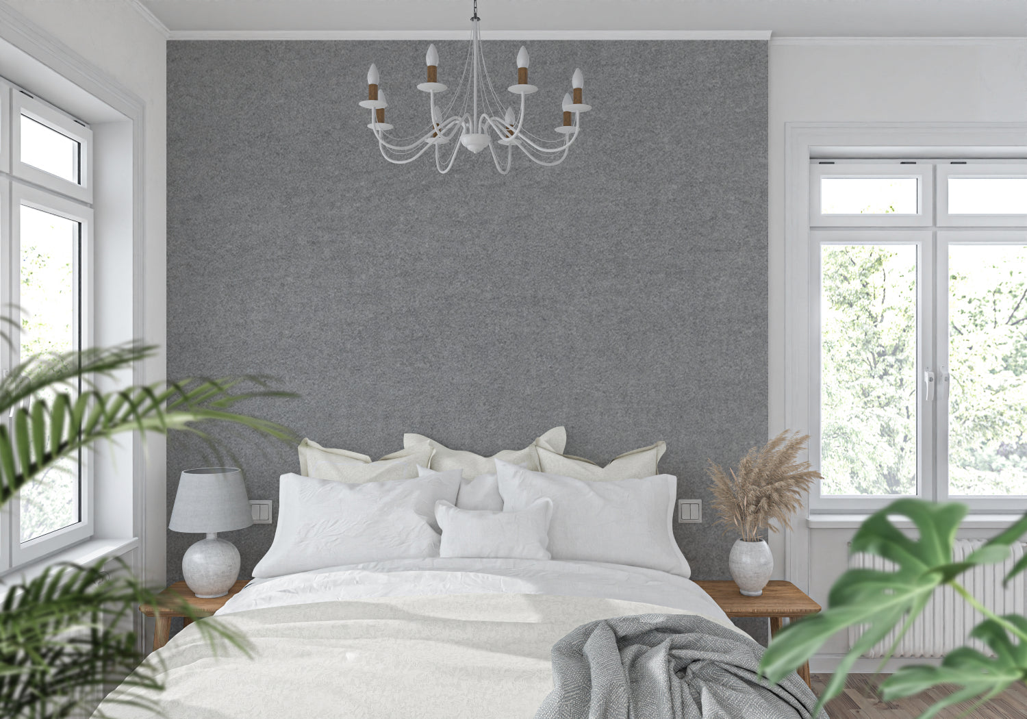 Textured grey mural wallpaper in an elegant entryway setting