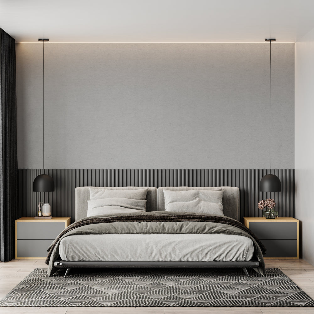 Contemporary grey wall mural creating depth in a modern bedroom space