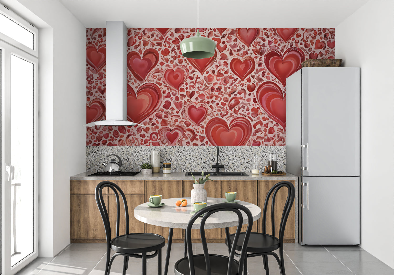 Heart wallpaper mural adding romance to dining room wall