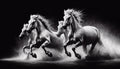 Black and white horse mural wallpaper creating dramatic impact in a modern living room with minimal furniture