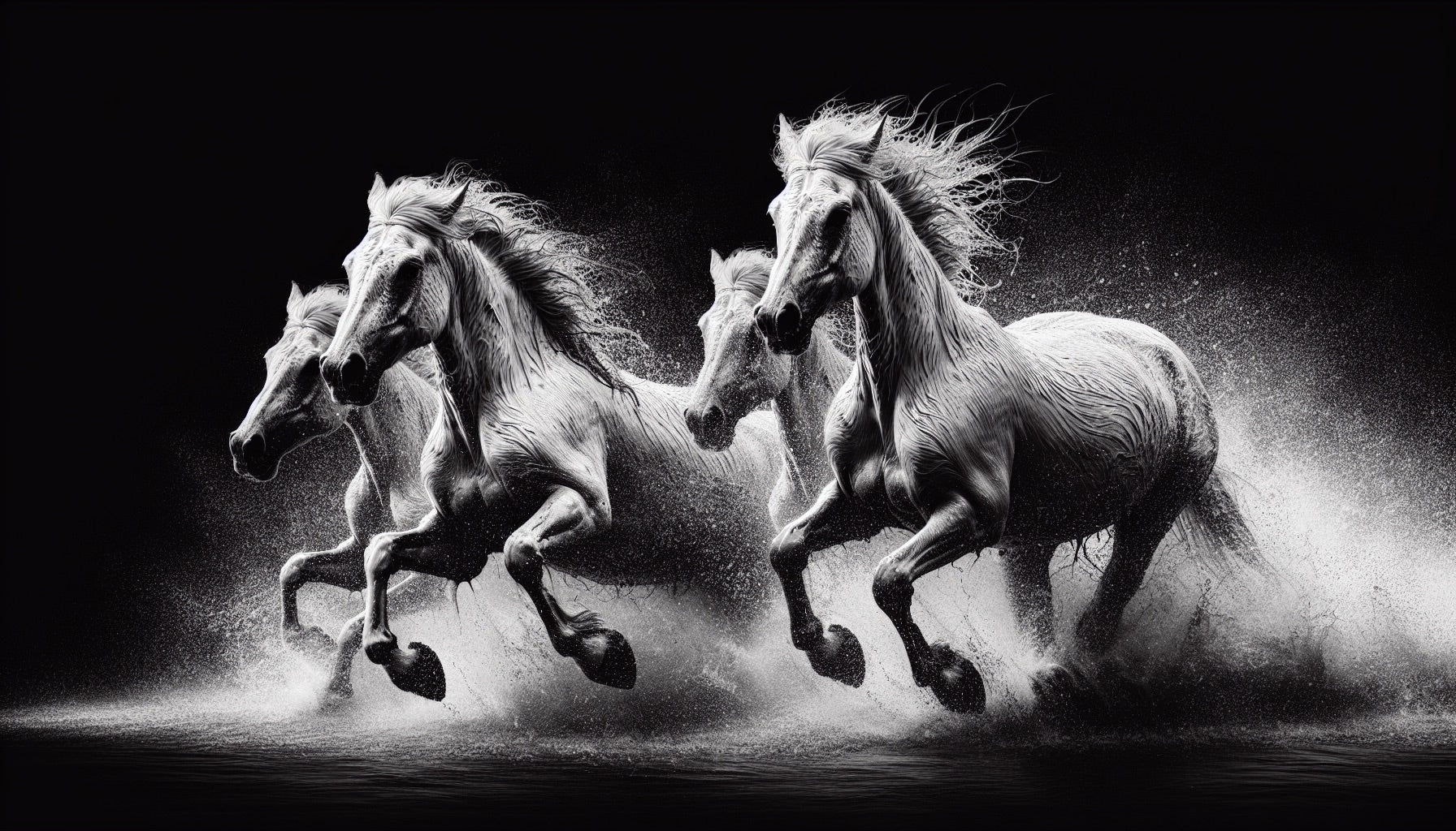 Black and white horse mural wallpaper creating dramatic impact in a modern living room with minimal furniture