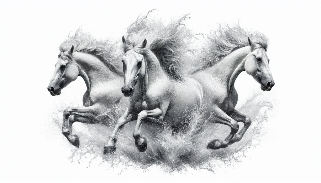 Black and white horse wallpaper design file showing three galloping horses in dynamic motion