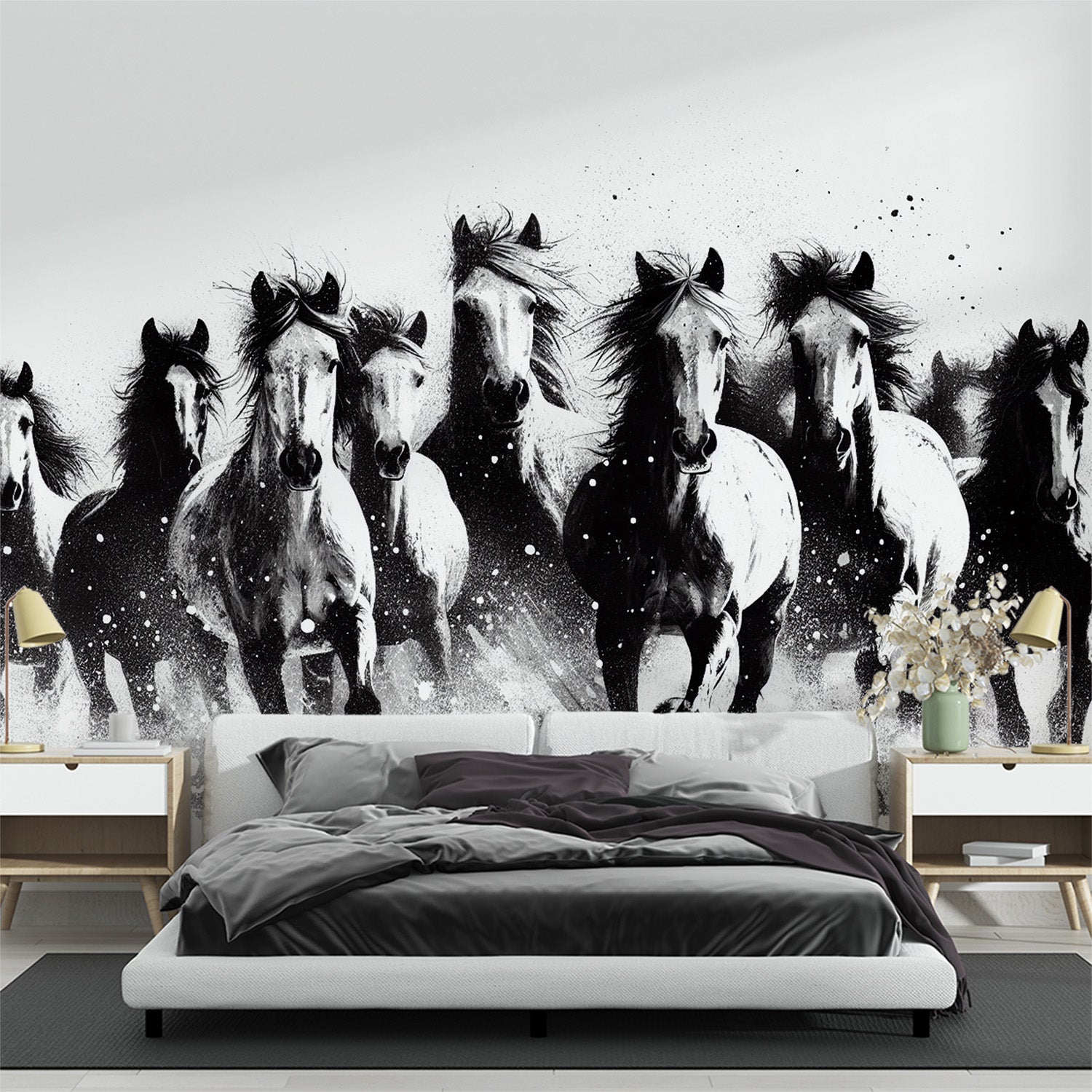 Black and white horse wallpaper mural showcased in a modern living room with minimal furniture and natural light