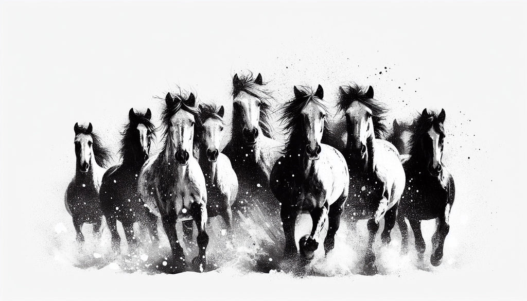 Black and white running horse design file showing detailed ink strokes and artistic composition