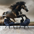 Dramatic Horse Wall Mural displayed in a modern living room, showing the racing stallion in full motion against a moody sky