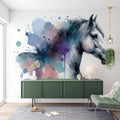 Horse wall mural in modern living room, showcasing watercolor abstract design with blue and purple tones