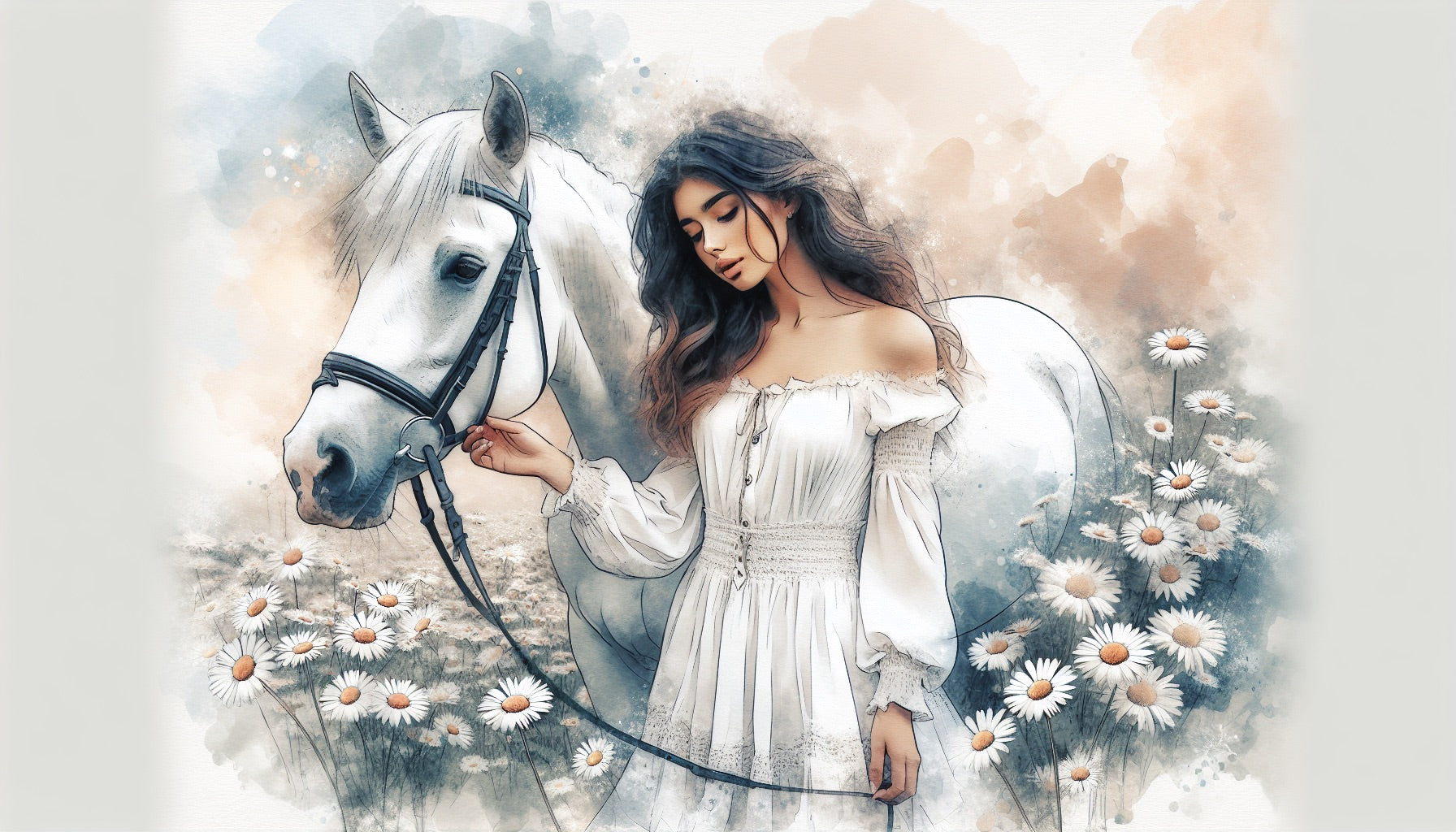 Watercolor horse wallpaper design file showing detailed floral pattern and soft color palette