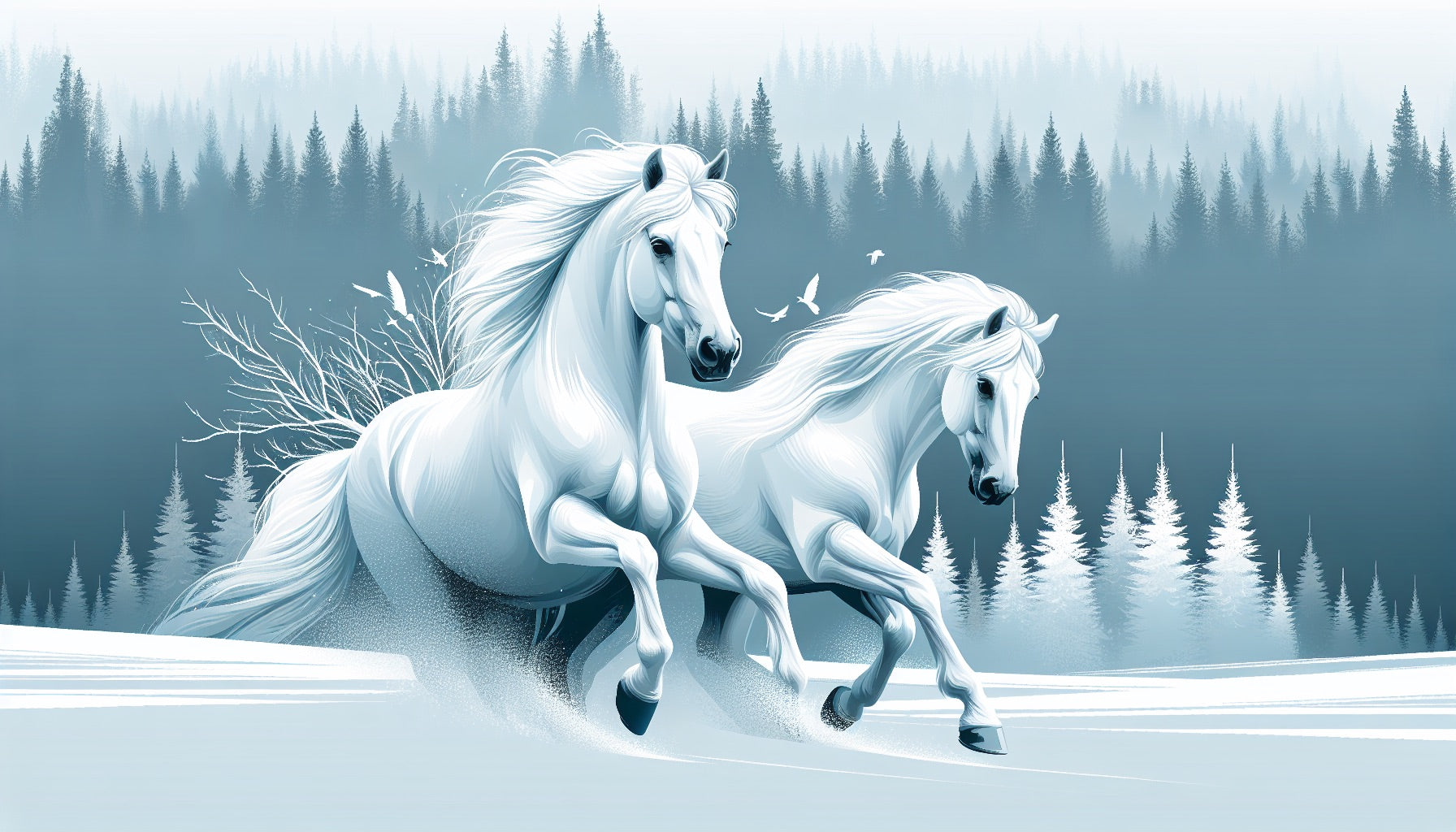 White stallions in winter forest design file showing detailed horse mural pattern
