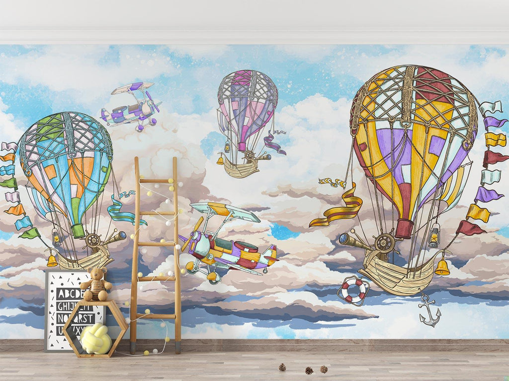 Hot air balloon wallpaper creates a magical atmosphere in a bright nursery with soft natural light