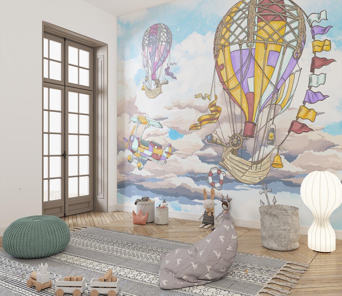 Adventure sky mural with vintage aircraft displayed in a modern playroom setting