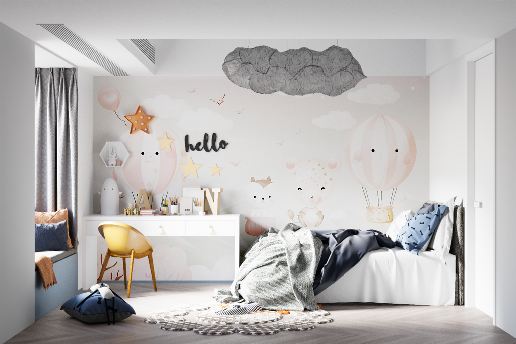 Animal balloon wallpaper bringing charm to a baby girl's nursery
