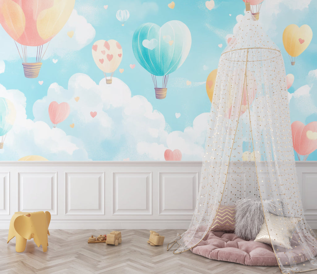 Heart balloon mural transforming a girl's bedroom with soft pastel colors