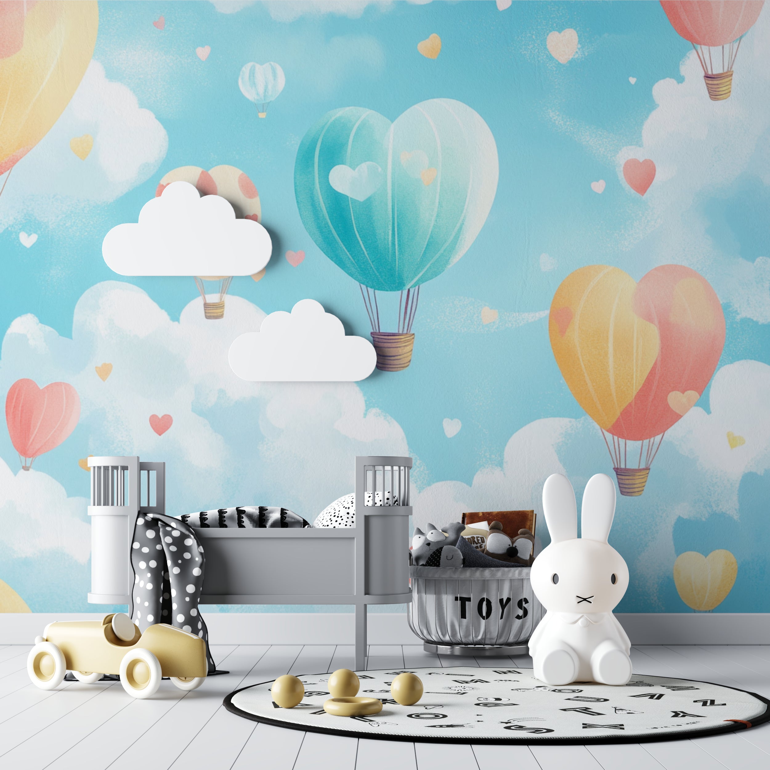 Dreamy balloon wallpaper in a cozy reading nook with natural light