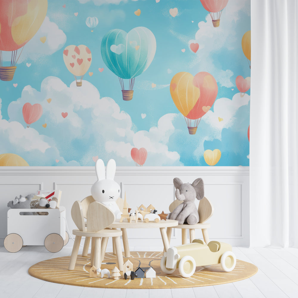 Sky balloon mural adding warmth to a playroom with modern furniture
