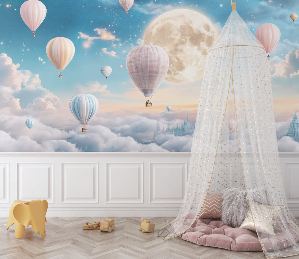 Moonlit balloon wallpaper adding whimsy to a modern playroom setting
